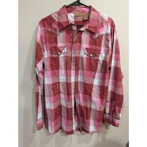 Pretty Western pink & white style snap button collared blouse, Wrangler size XL